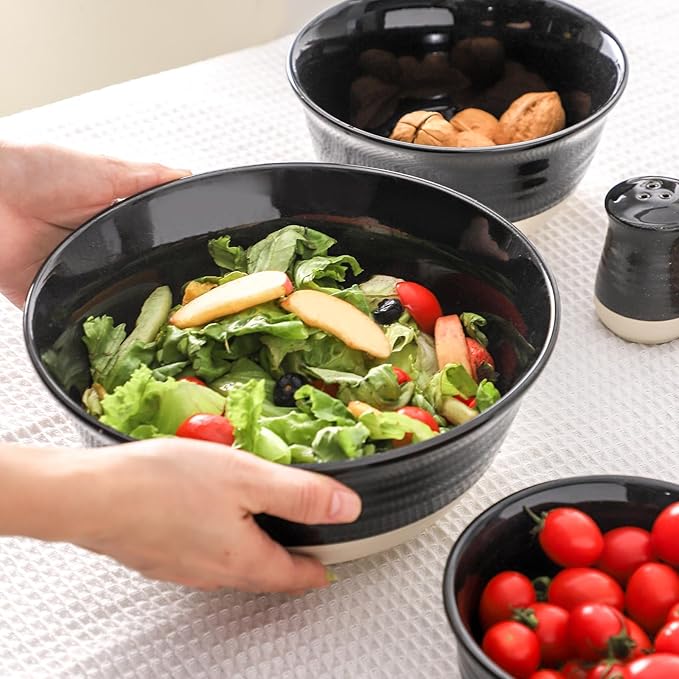 HASENSE Porcelain Mixing Bowls for Kitchen, 84/40/20 Oz Large Salad Serving Bowls Set of 3, Unique Thanksgiving Bowls Set for Entertaining Cooking Baking Serving Food, Nesting Bowls, Black