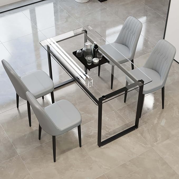 Modern Glass Dining Table Set for 4, Rectangular Kitchen Table Set, 5 Piece Dining Table Set with 1 Tempered Glass Table and 4 PU Dining Chairs for Dining Room, Kitchen,Office
