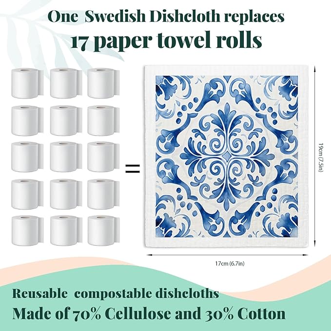 Swedish Dishcloths for Kitchen, Vintage Blue Floral Swedish DishCloths, Papaya Reusable Paper Towels Washable, 4 Pcs Dish Towels for Kitchen Party Home Housewarming Cleaning Cloths