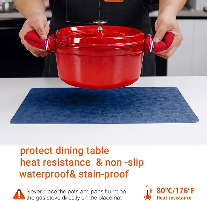 Vinyl Placemats Set of 12 Heat Resistant Easy Clean Non-Slip Place Mats for Dining Table Faux Leather Waterproof Stain Resistant Wipeable Washable PVC Table Mats(12, Blue)