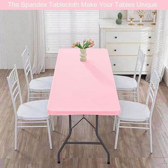 4 Pack Spandex Tablecloth Table Top Cap Cover Washable Elastic Rectangle Tablecloth for 6 FT Folding Tables for Indoor Outdoor Party (72 x 30 Inches, Pink)