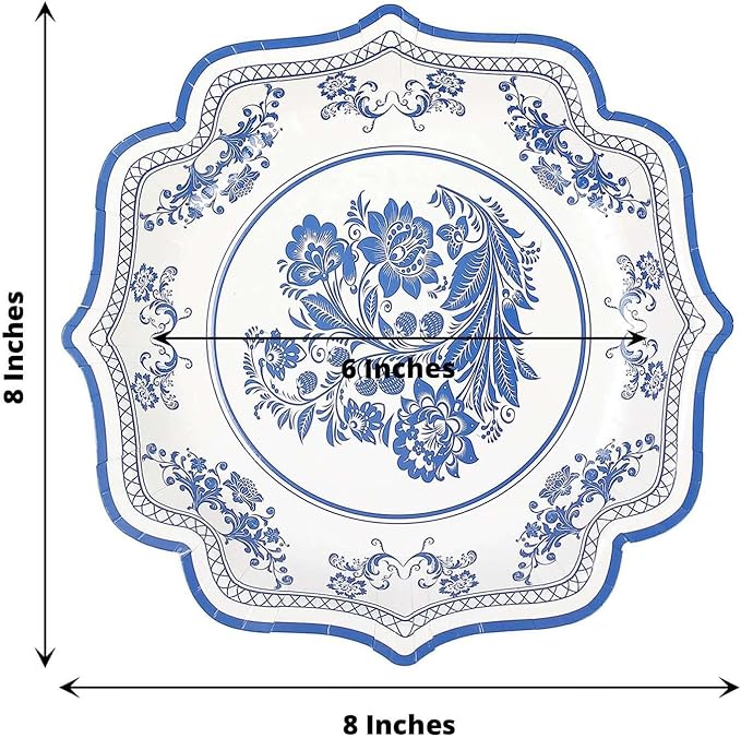 50 Pack 8" Light Blue French Toile Dessert Plates, Disposable Round Paper Floral Pattern Appetizer Salad Plates 300 GSM for Party Decoration