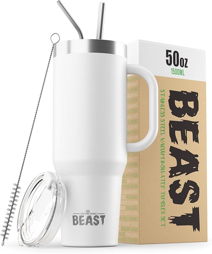 Beast 50 oz Tumbler with Handle Stainless Steel Vacuum Insulated Coffee Ice Cup Double Wall Travel Flask (Arctic White)