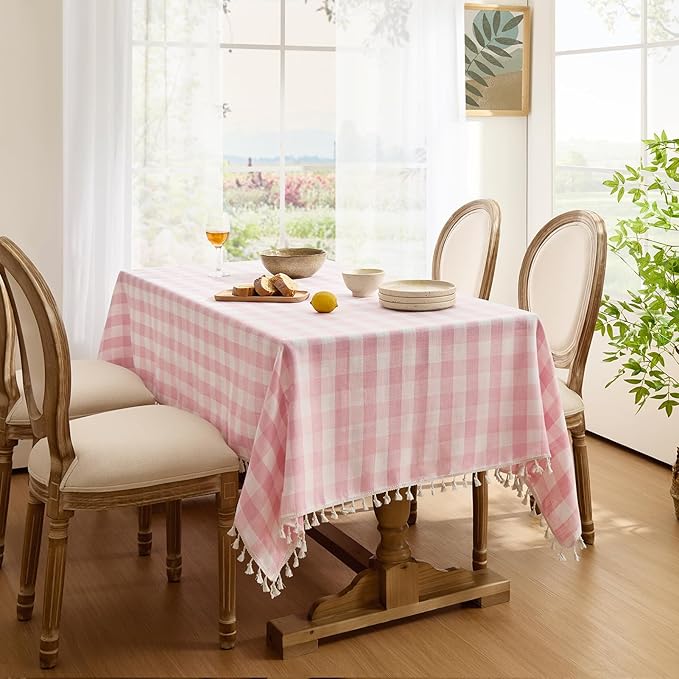 Softalker Valentines Pink Gingham Tablecloth Rectangle, Outdoor Linen Cotton Checkered Table Cloth with Tassel, Heavy Duty Wrinkle Free Plaid Table Cover for Easter Dining Spring Party - 55 x 84 Inch