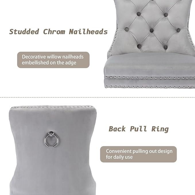 KCC Velvet Dining Chairs Set of 4, Upholstered High-end Tufted Dining Room Chair with Nailhead Back Ring Pull Trim Solid Wood Legs, Nikki Collection Modern Style for Kitchen, Light Grey