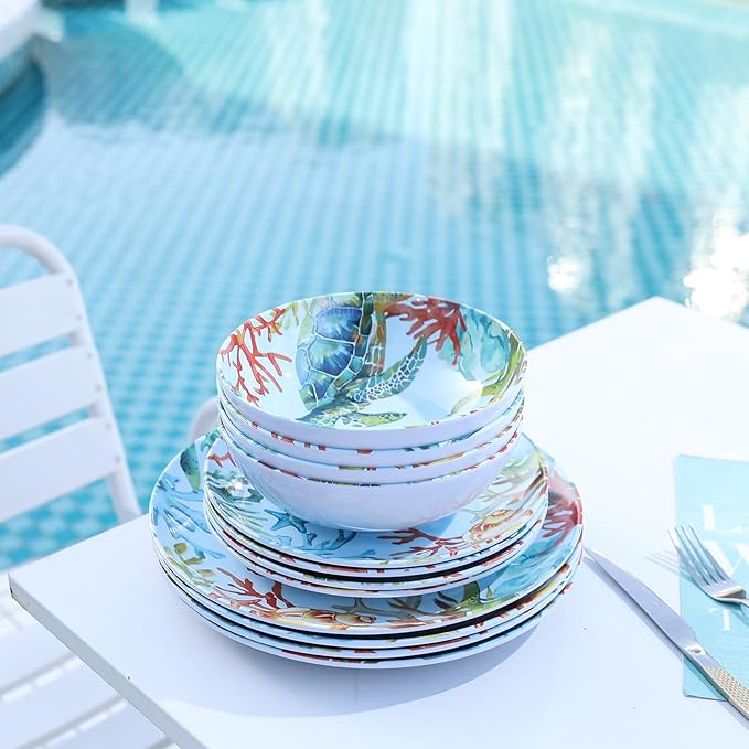 12-Piece Melamine Turtle Dinnerware Set, Ocean Plates and Bowls Sets, Indoor Outdoor Dish Sets for 4, Unbreakable Lightweight Tableware Set - Turtle