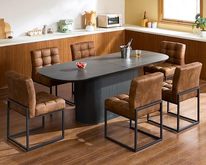 Coffee Faux Leather Dining Chairs Set of 4, Mid-Century Modern Dining Room Chairs with Armless, Checkered Kitchen Chair with Metal Legs
