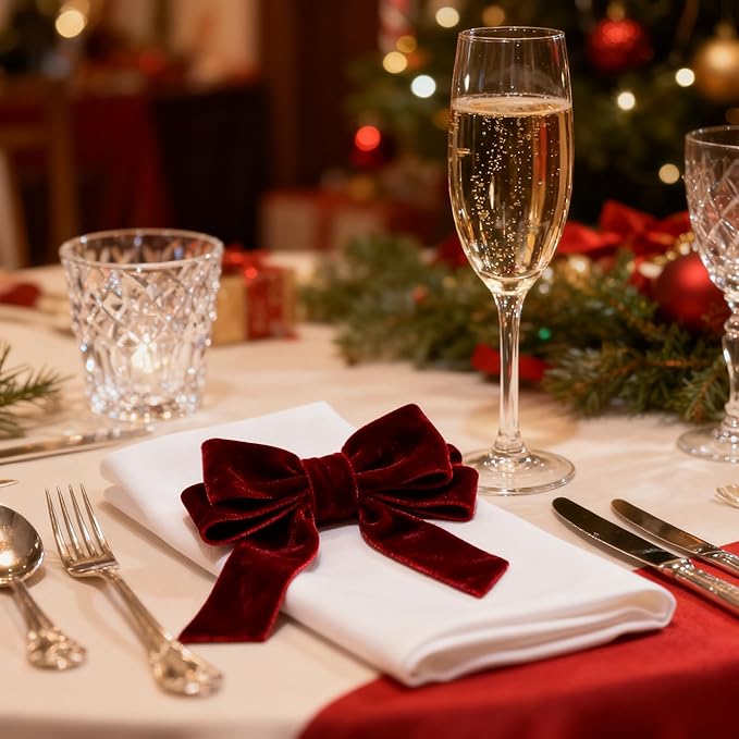 Bow Napkin Rings Set of 6 Luxury Soft Burgundy Velvet Napkin Holders, Elegant Bow Design for Christmas Holiday Dinner Wedding Party Table Decor