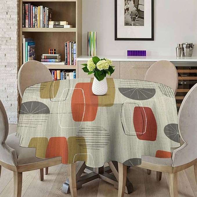 Retro Medieval Bohemian Round Tablecloth, Modern Mid Century Geometric Abstract Print Tablecloth for Home Party Dining Room Kitchen Decor 60Inch(152cm)
