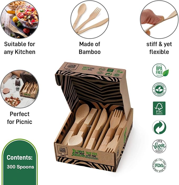 2ZEBRAZ Bamboo Cutlery Set – 300 Disposable Spoons | Reusable Smooth Flatware, Heavy-Duty Natural Utensils for Parties, Catering and Everyday Use