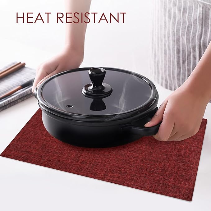Red Placemats Set of 8, Washable Dining Table Mats Cloth Place Mats, Elegant Placemats for Valentines Day Holiday, Heat Resistant Kitchen Burgundy Place Mats, Easy to Clean(Burgundy)