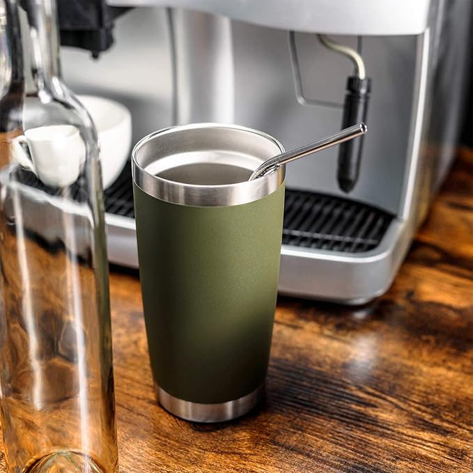 COMOOO 20oz Double Wall Vacuum Insulated Travel Mug, Stainless Steel Tumbler with Lid and Straw Durable Powder Coated Insulated Coffee Cup for Cold & Hot Drinks (Army Green, 12 pack