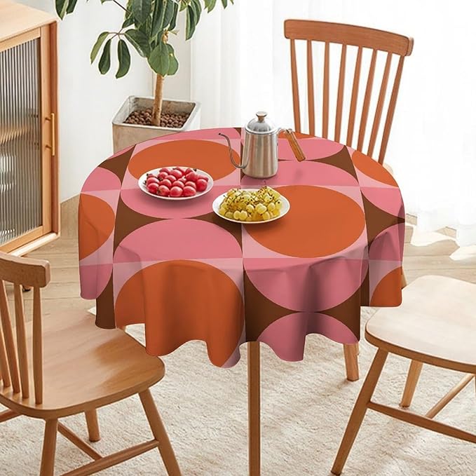 Mid Century Round Tablecloth, Abstract Retro 50s 60s Style Geometric Print Tablecloth for Home Party Dining Room Kitchen Decorm 60Inch(152cm)