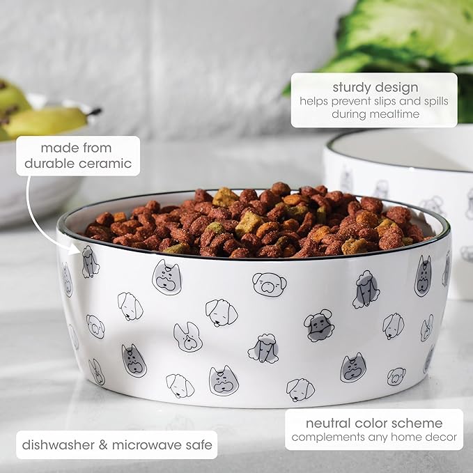 Pearhead Ceramic Dog Bowl, Holds 9 Cups, Dog Faces Pattern Stoneware Food and Water Dish, Microwave and Dishwasher Safe, XL (Pack of 6)