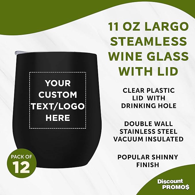 Custom Stemless Wine Glass Tumblers with Lids by Largo 11 oz. Set of 12, Personalized Bulk Pack - Perfect for Wine, Cocktails, Other Hot & Cold Beverages - Black