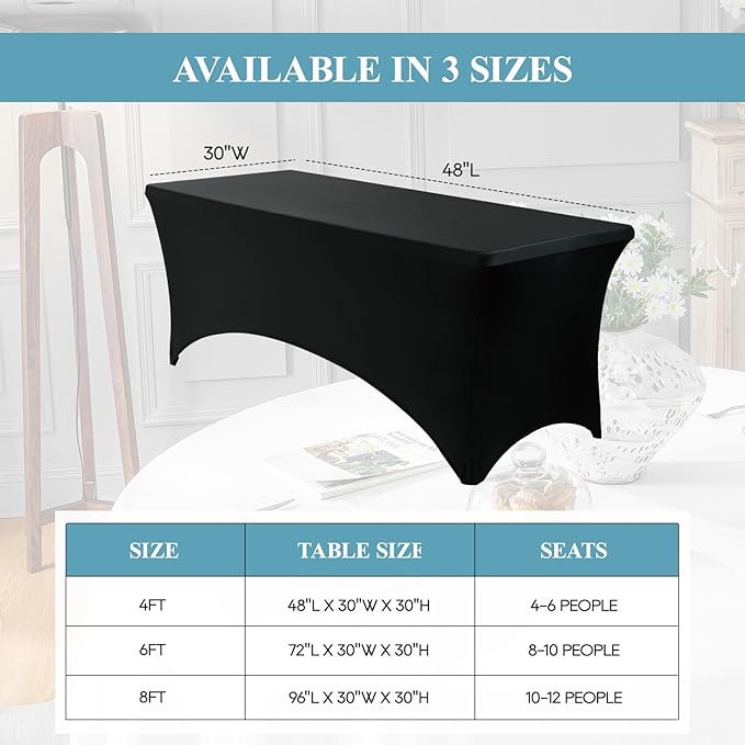 VidaFete Spandex Tablecloth 4FT, Fitted Stretch Table Cover for Rectangle Tables, Wrinkle Resistant and Washable Tablecloths for Outdoor, Picnic, Party, Wedding, Banquet, Birthday, Black