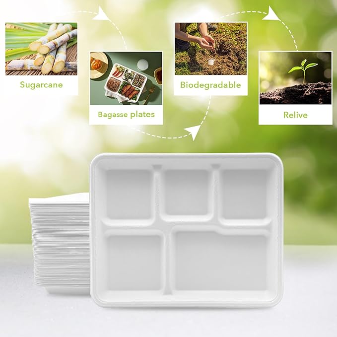 three leaf 5 COMPARTMENT BAGASSE (SCHOOL) TRAY 500 Ct. Heavy-Duty- Super Strong- Natural- Eco-Friendly Disposable Bagasse Plates, 100% Biodegradable 5 Compartment meal Plates