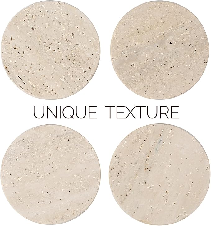 Koville Travertine Coasters, Marble Coaster Set of 4 for Drinks, 4" Round Stone Coasters Set Heat Resistant, Decorative Modern Cup Coaster for Coffee Table Home Bar Decor, Unique Gift Choice(Beige)
