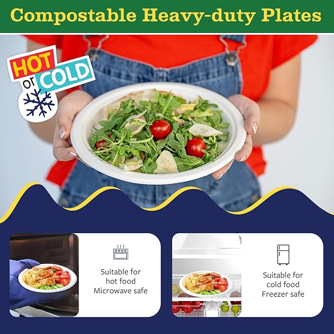7” Compostable Plates, 125-Pack | Biodegradable Sugarcane | Sturdy, Microwave-Safe Disposable Plates for Parties & Events