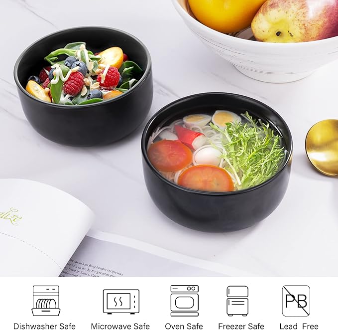 Aquiver 10 Ounces Ceramic Bowl Set - Porcelain Matte Small Bowls - Side Dishes for Desserts, Ice Cream, Snacks, Condiments, Souffle, Yogurt, Soup - Dipping Sauce Bowl Set of 4 (Black)
