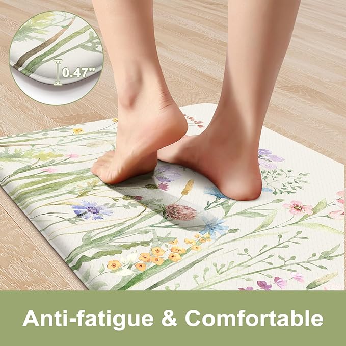 KIMODE Anti Fatigue Mats for Kitchen Floor, 20"x39" White Floral Kitchen Rug, Cushioned Kitchen Floor Mat Non Slip, Memory Foam Standing Mat for Sink Laundry Office Desk