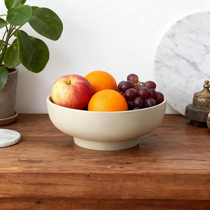 Stoneware Fruit Bowl for Kitchen Counter,Large Ceramic Decorative Bowls for Home Decor,Entryway Pedestal Bowl for Keys- 10.5Inch (Greige)