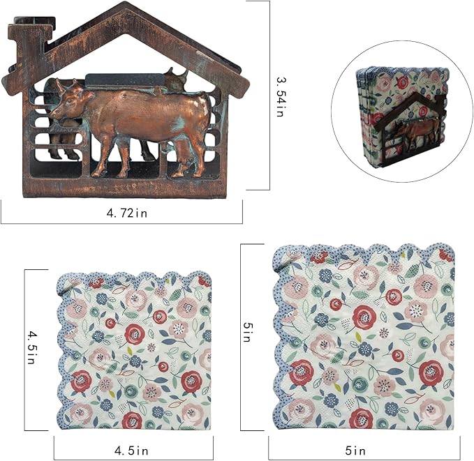 Metal Cow Napkin Holder for Table, Rustic Farmhouse Napkin Holders for Paper Napkins, Antique Copper Paper Towel Tissue Napkins Dispenser for Home Kitchen Coffee Shop Bar