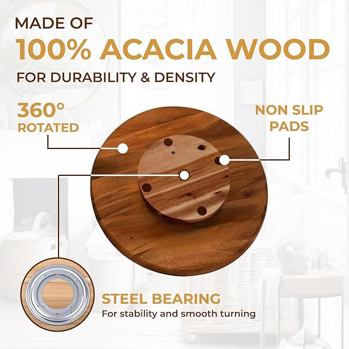 16" Acacia Wood Turntable Organizer | Lazy Susan for Table Top, Cabinet or Pantry | Wooden Rotating Tray for Kitchen Countertop, Durable, Easy to Clean, No Assembly Needed
