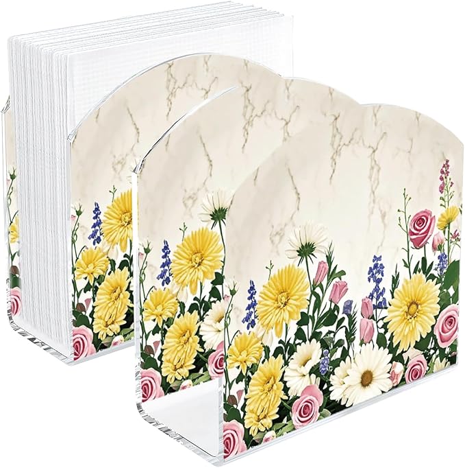 Sunflower Decor Napkin Holder for Table, 2 Pack 5"x5" Spring Paper Holder for Kitchen, Party, Dining Restaurant, Bar Summer Rustic Cocktail Paper Napkin Dispenser for Table Decoration Gift