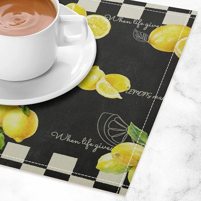 Vintage Lemon Placemat Set, Rustic Farmhouse Yellow Orange Fruit Leaves Black White Plaid Quotes Seamless Pattern Home Decor Linen Table Mats for Dining Room Kitchen Party (17x12in) x4P