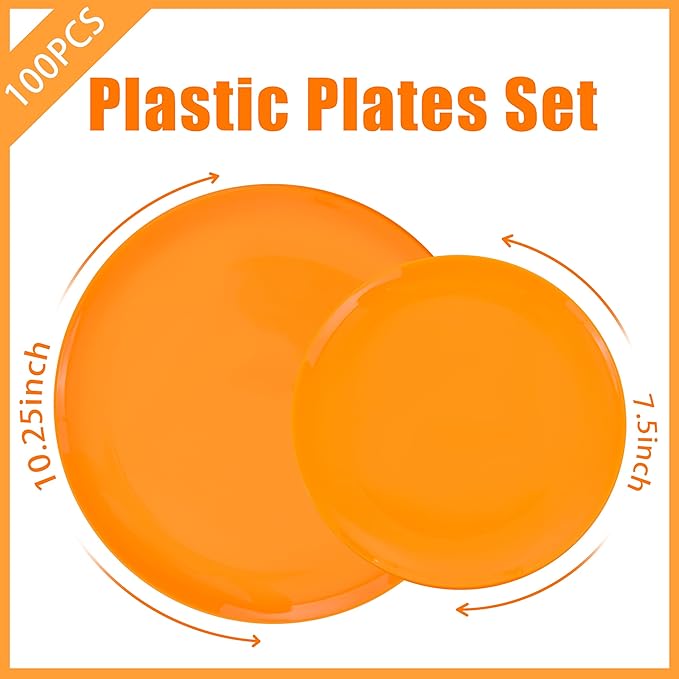 PULOTE 100PCS Orange Plastic Plates - Premium Hard Orange Disposable Include 50 Each(10.25 Inch Dinner & 7.5 Inch Dessert) Plates, Ideal for Party