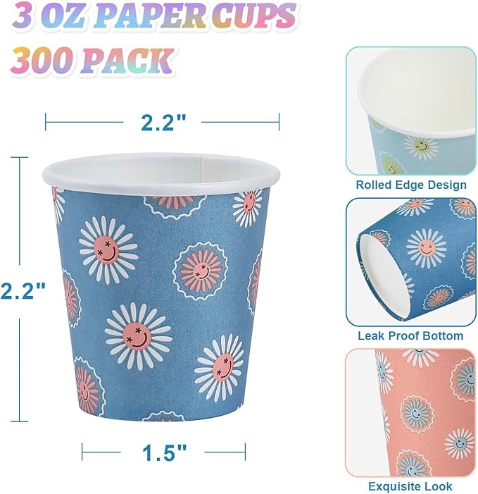 SIUQ 300 Pack 3 oz Paper Cups, Disposable Bathroom Cups, Small Mouthwash Cup, Hot/Cold Beverage Drinking Cups, Mini Paper Cups for Bathroom, Birthday Party, Travel, Events, Picnic, BBQ (Daisy)