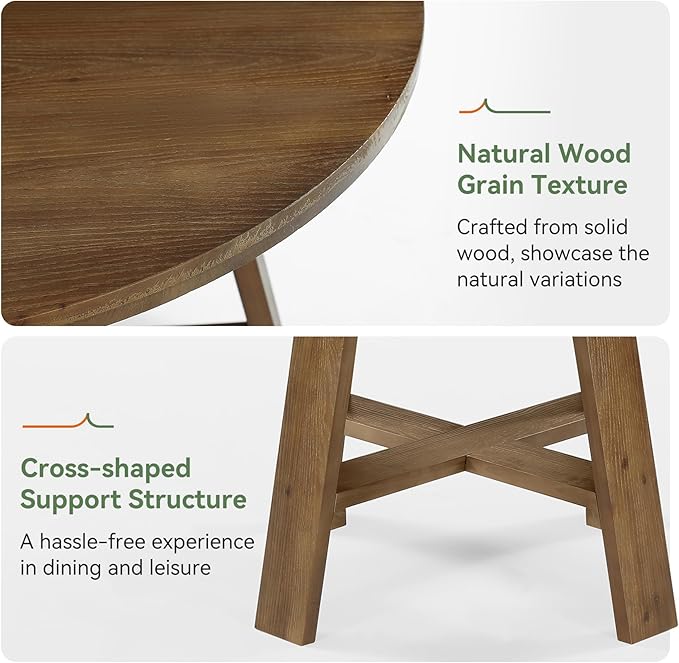 39.4" Round Dining Table for 2–4 People, Solid Wood Farmhouse Kitchen Table with Natural Wood Grain for Dining Room, Rustic Brown