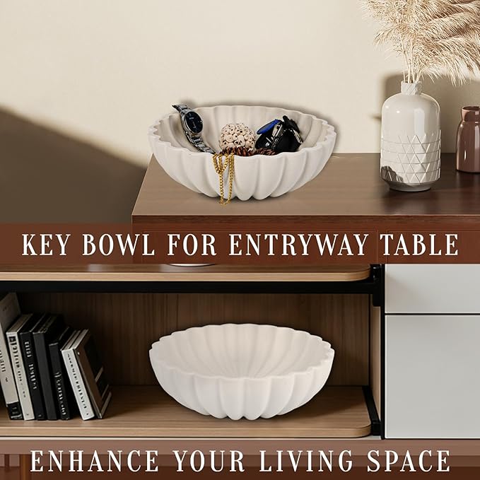 L'ARL GMVOI Large Decorative Bowl - Modern Handicraft Bowls for Home Decor - Fruit Bowl for Kitchen Counter - Key Bowl for Entryway Table - Ruffle Centerpiece Bowl Decor,Artificial Stone White