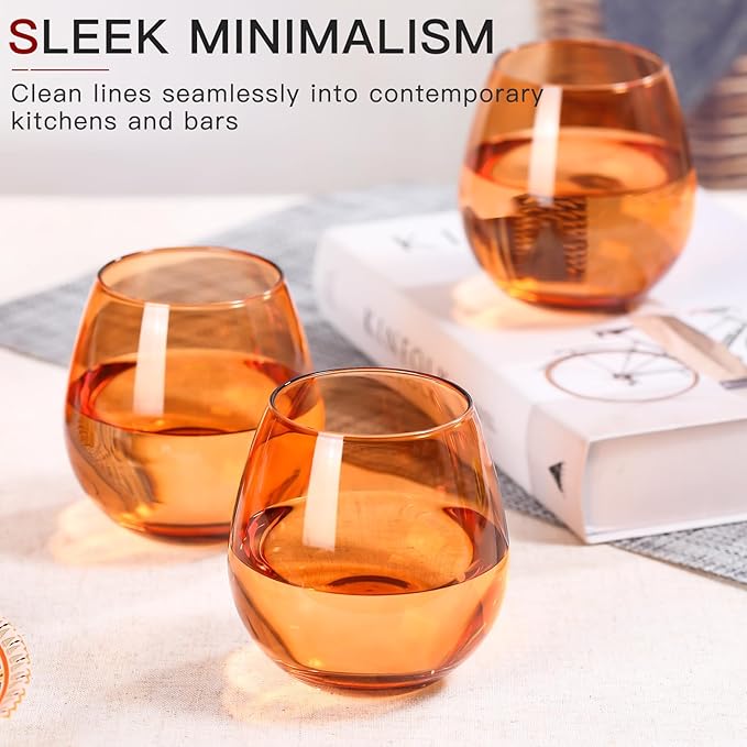Brown Stemless Wine Glasses Set of 6-15 oz -Modern Hand-Blown Wine Glasses, European Design Crystal Glass For Red & White Wine, Unique Gifts for Wedding, Birthday
