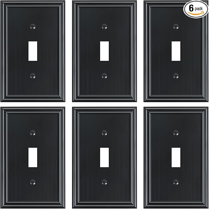 6-Pack Single Toggle Light Switch Cover Plate, Durable Solid Zinc Alloy Decorative Switch Plate Covers, Black 1 Gang Wall Plate, Corrosion Resistant