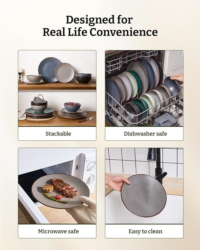 Famiware Venus Speckled Dinnerware Set with Pasta Bowls, Service for 6 (24 Pieces), Stoneware Plates and Double Bowls Sets, Microwave & Dishwasher-Safe Dishes with Trim, Matte Dark Grey