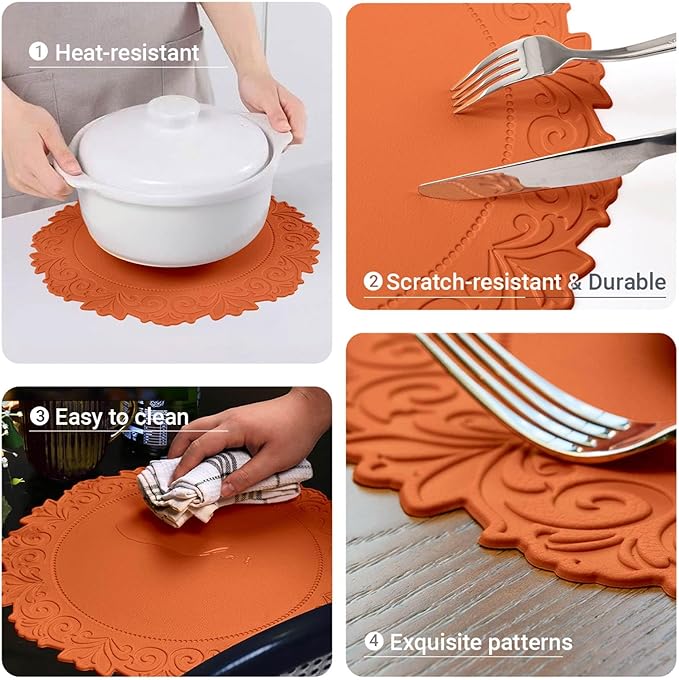 Noctiflorous Round Faux Leather 15 Inch Placemats Set of 4 Waterproof Wipeable Heat Resistant Tablemat for Dining Table Kitchen Non Slip Washable Oilproof Table Place Mat(Pumpkin Orange, 4)