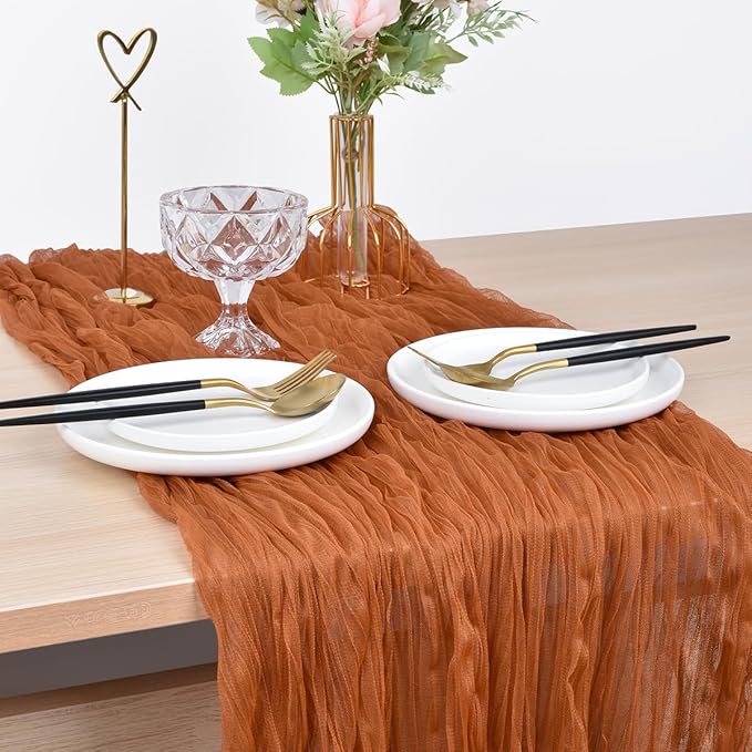 Joanlody Terracotta Cheesecloth Table Runner Spring Easter 10Ft Rustic Gauze Boho Cheese Cloth Table Runner for Wedding Bridal Baby Shower Decoration