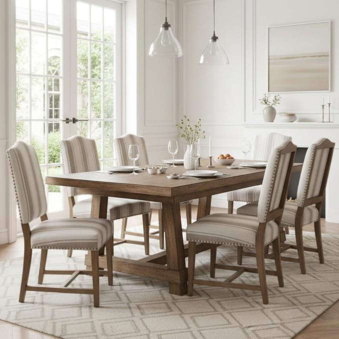 CIMOTA Mid Century Modern Dining Chairs Set of 6, Farmhouse Upholstered Dining Room Chairs Comfortable Kitchen Side Chairs with High Back/Natural Solid Wood Frame, Linen Brown/Beige Stripe