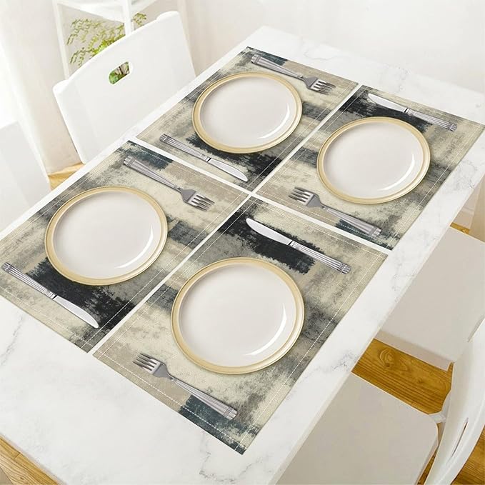Gradient Placemat Set, Modern Minimal Fashion Abstract Beige Grey Blue Art Oil Painting Brush Strokes Patchwork Pattern Home Decor Linen Table Mats for Dining Room Kitchen Party (17x12in) x6P