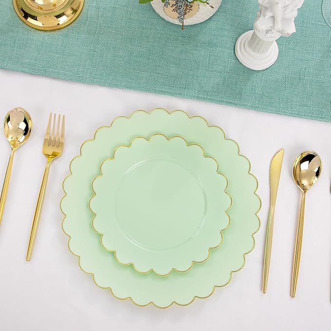 LIYH 60 Pcs Light Green Plastic Plates with Gold Edges, Disposable Sage Green and Gold Plastic Plates Includes: 30 Dinner Plate 10.25 Inch and 30 Dessert Plate 7.5 Inch