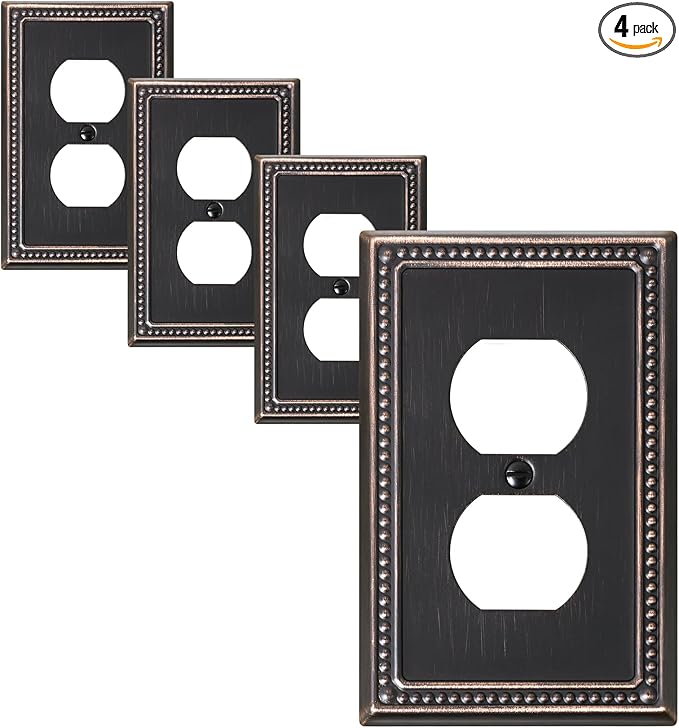 4-Pack Duplex Outlet Cover Plate, Aged Bronze Metal Wall Plates for Electrical Outlets, 1 Gang Receptacle Light Switch Cover, Pearls Decorative Switch Plates and Outlet Covers