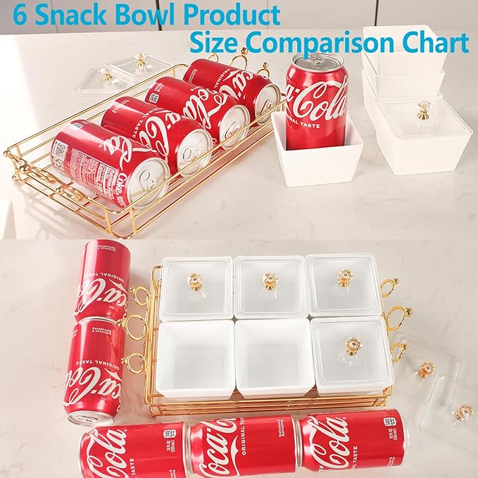 YA JU Ceramic Bowls and with Lid Gold Basket Trays, 6 Removable Small Bowls Condiment Trays Nut Serving Set for Snacks, Fruits, Candy and Condiments -Great for Parties, Holiday Gifts, White