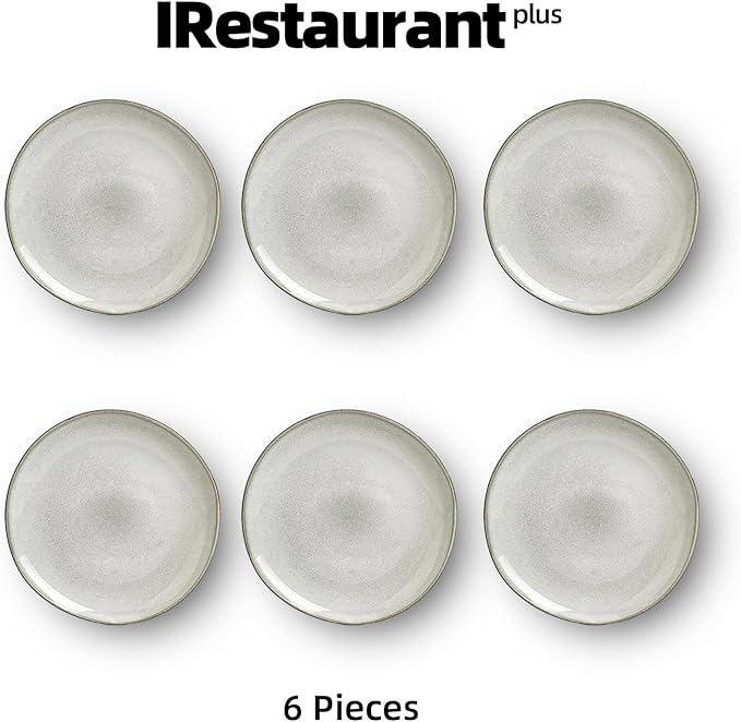 Organic Shape Highland Ceramic Salad plates, 6pcs 8 Inch Handmade Reactive Glaze Dinnerware Sets with Wavy Edge, for Kitchen, Microwave & Dishwasher Safe, Scratch Resistant-grey