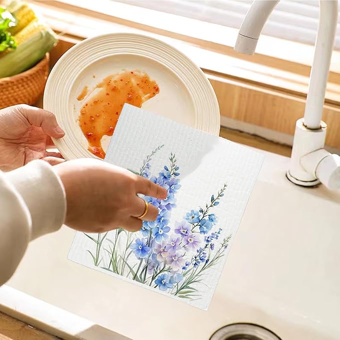 Spring Floral Swedish Dishcloths for Kitchen, Swedish Dish Cleaning Cloths for Lavender, Papaya Reusable Paper Towels, 4 Pack Dish Towels for Kitchen, Reusable Paper Dishcloths Washable