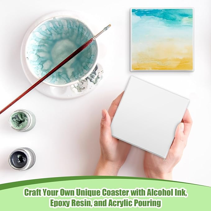 Zopeal 96 Pcs Ceramic Tiles for Crafts Coasters Include Unglazed White Ceramic Tiles with Cork Backing Pads Use with Alcohol Ink Acrylic Pouring for DIY Project Gift (Square)