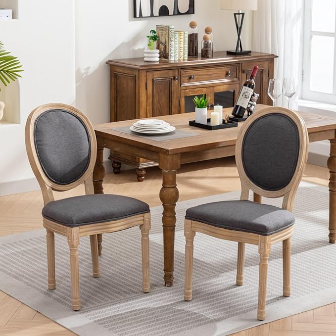 Vintage French Dining Chairs Set of 6, Round Back Accent Chairs with Linen Seat and Solid Wood Frame, Farmhouse Sillas de Comedor Upholstered for Dining Room & Kitchen, Gray