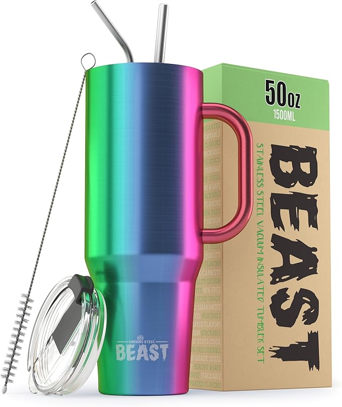 Beast 50 oz Tumbler with Handle Stainless Steel Vacuum Insulated Coffee Ice Cup Double Wall Travel Flask (Rainbow)