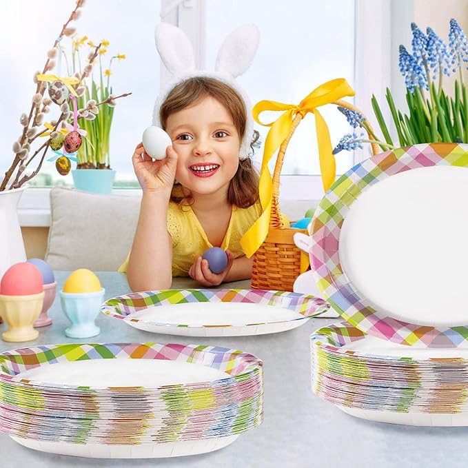 50Pcs Easter Oval Paper Plates 10" x 12" Large Disposable Heavy Duty Color Easter Buffalo Plaid Checkered Paper Platters Spring Rainbow Dessert Plates for Holiday Dinner Birthday Party Supplies